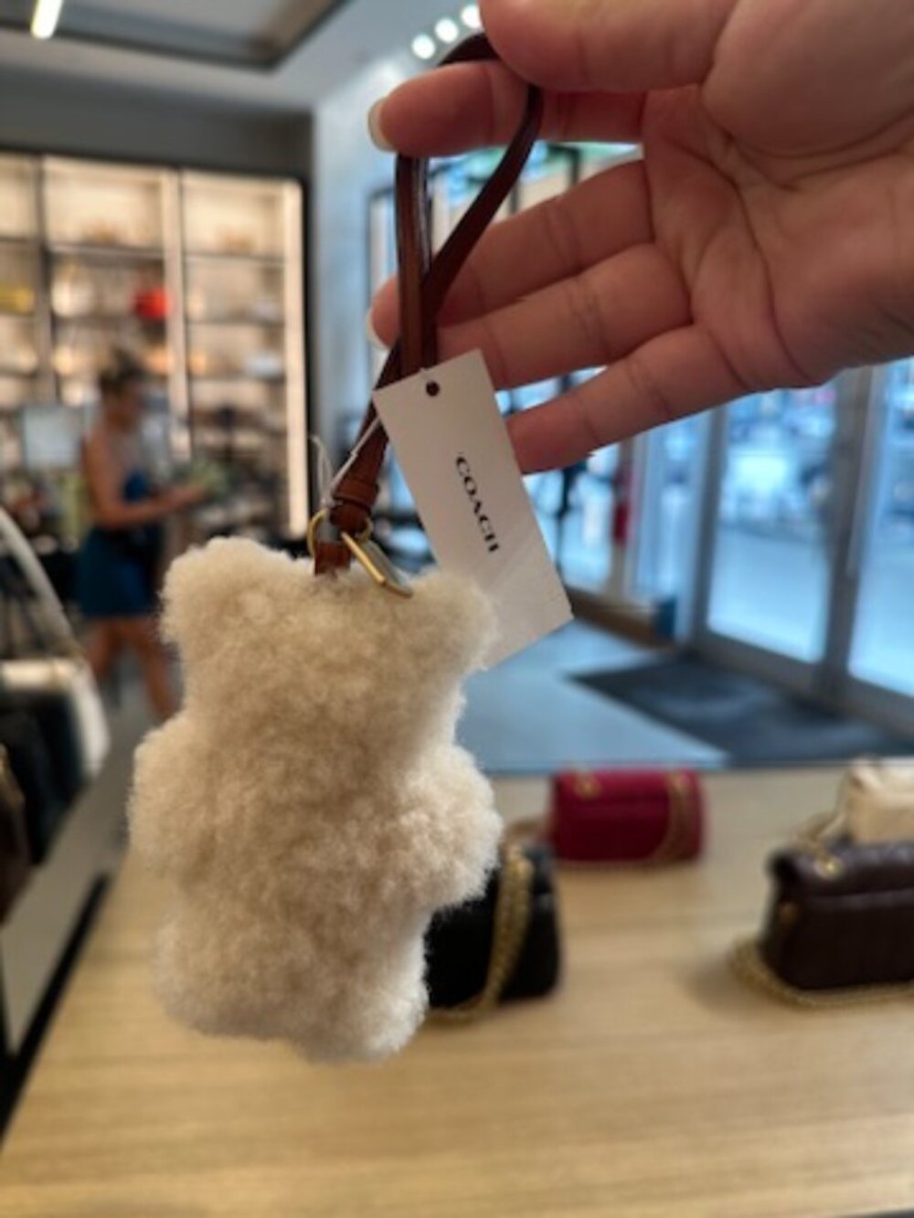 NWT! Coach CDD52 Bear Puffy Bag Charm In Shearling In Brass/Beige With Dust Bag